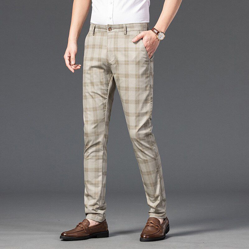 Summer Slim Plaid Pants Men Korea Style  Regular Fit  Check Trousers for Men Formal Work Black red 2021 New Fashion Men Trousers
