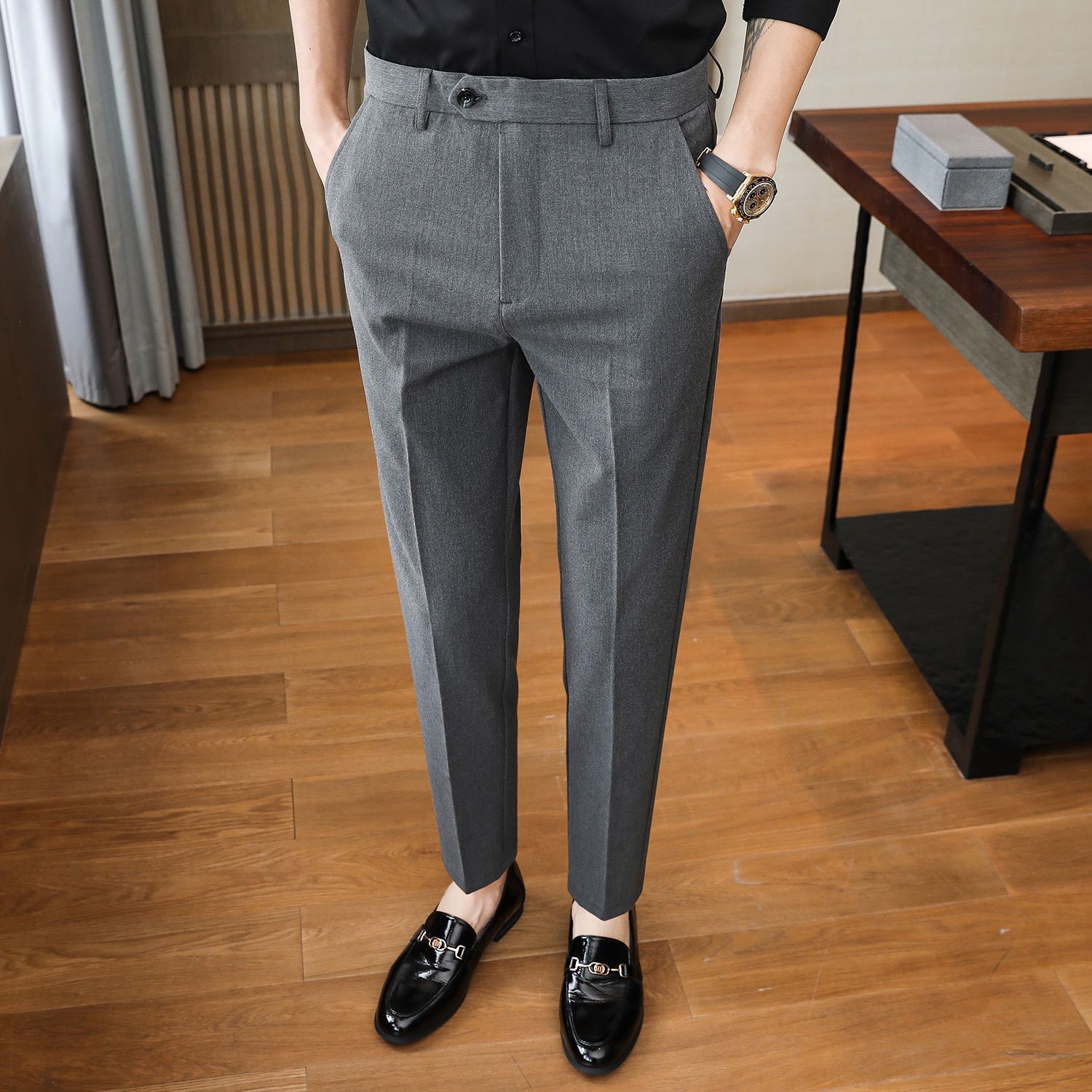 Pantalon Homme Fashion 2022 Spring New Men Dress Suit Pants Solid Slim Fit Business Formal Wear Casual Trousers Black