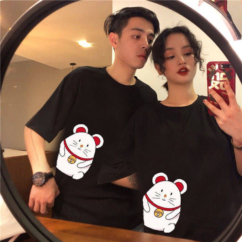 Women -Shirt Summer ops Cartoon Rat Short Sleeve Crew Neck Loose Student Couple Wear