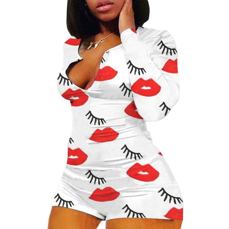Women's  Deep V Neck Romper, Casual Long Sleeve Bodycon Printed Pajama Sleepwear Clubwear