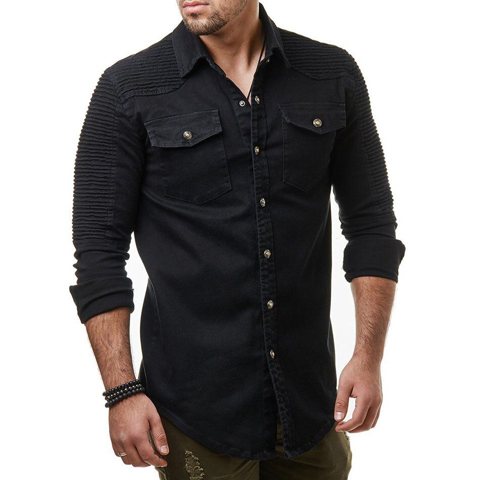 Brand Fashion Jeans Shirt Long-Sleeves Washable Cowboy Shirt Pocket Decoration Mens Dress Shirts Slim Men Shirt