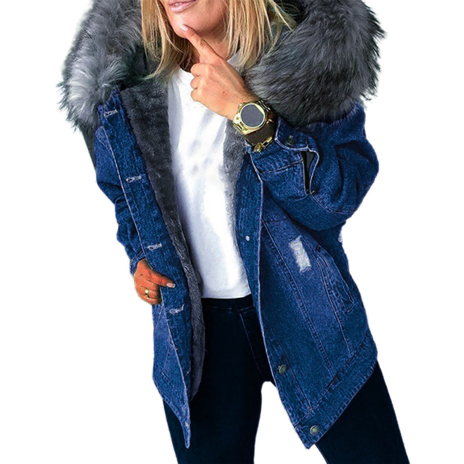 Women Jacket Hooded Mid-length Pockets Jeans Coat