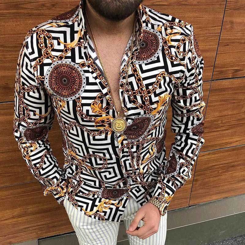 Men's Striped Casual Shirts Streetwear Slim Fit Black White Long Sleeve Shirt Tops Men Autumn Silk Satin Digital Printed Blouse