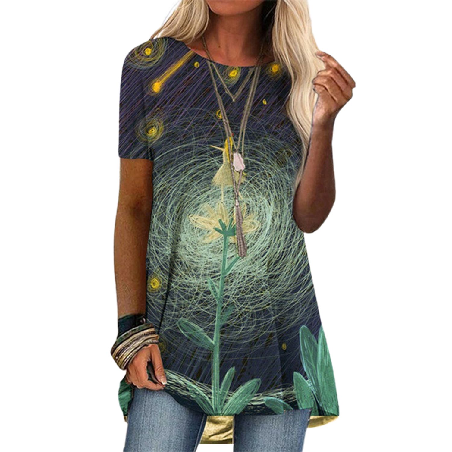 Women Blouse Digital Print Loose-fitting Elegant Pullover
