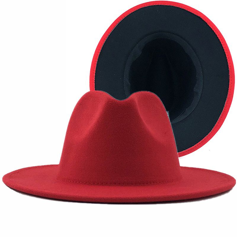 Uni Outer Army Green Inner Red Wool Felt Jazz Fedora Hats with Thin Belt Buckle Men Women Wide Brim Panama Trilby Cap L XL