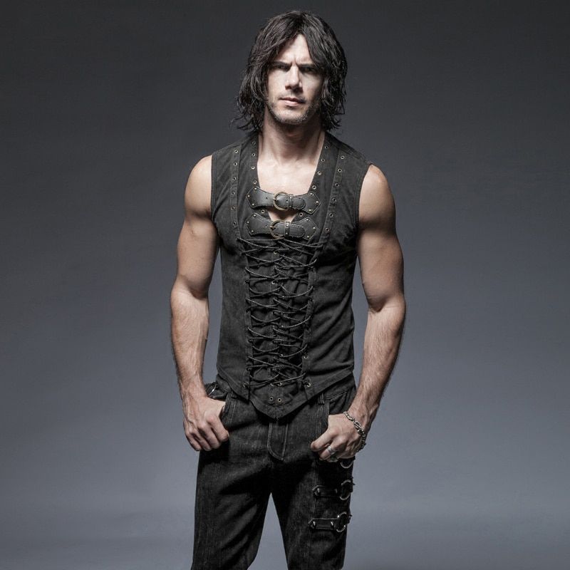 SteampuFashion Men Black Sleeveless Casual Vest Gothic PuRock Cotton Summer Casual Man Vest