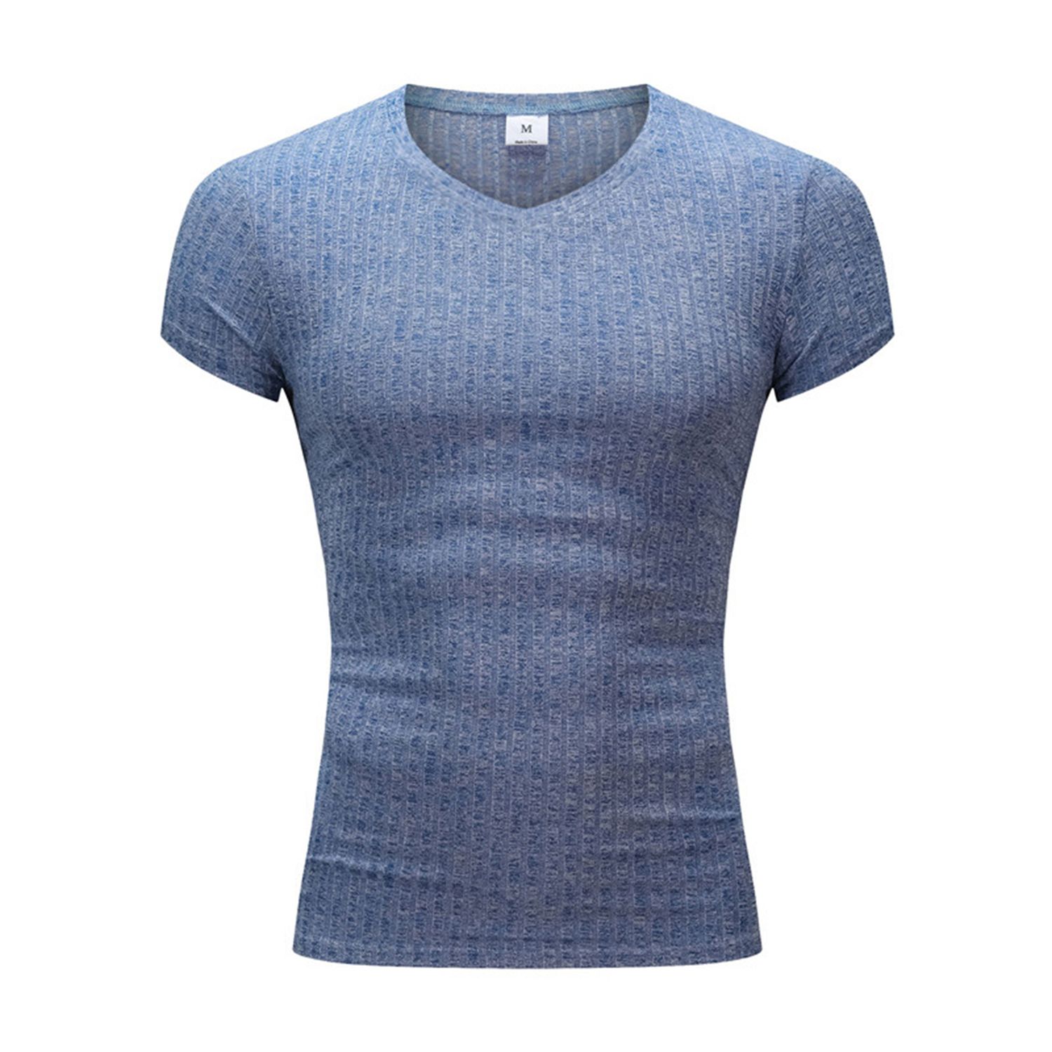 Men T-shirt Stripe Slim Sporty V Neck Solid Color Knitted T-shirt for Daily Life