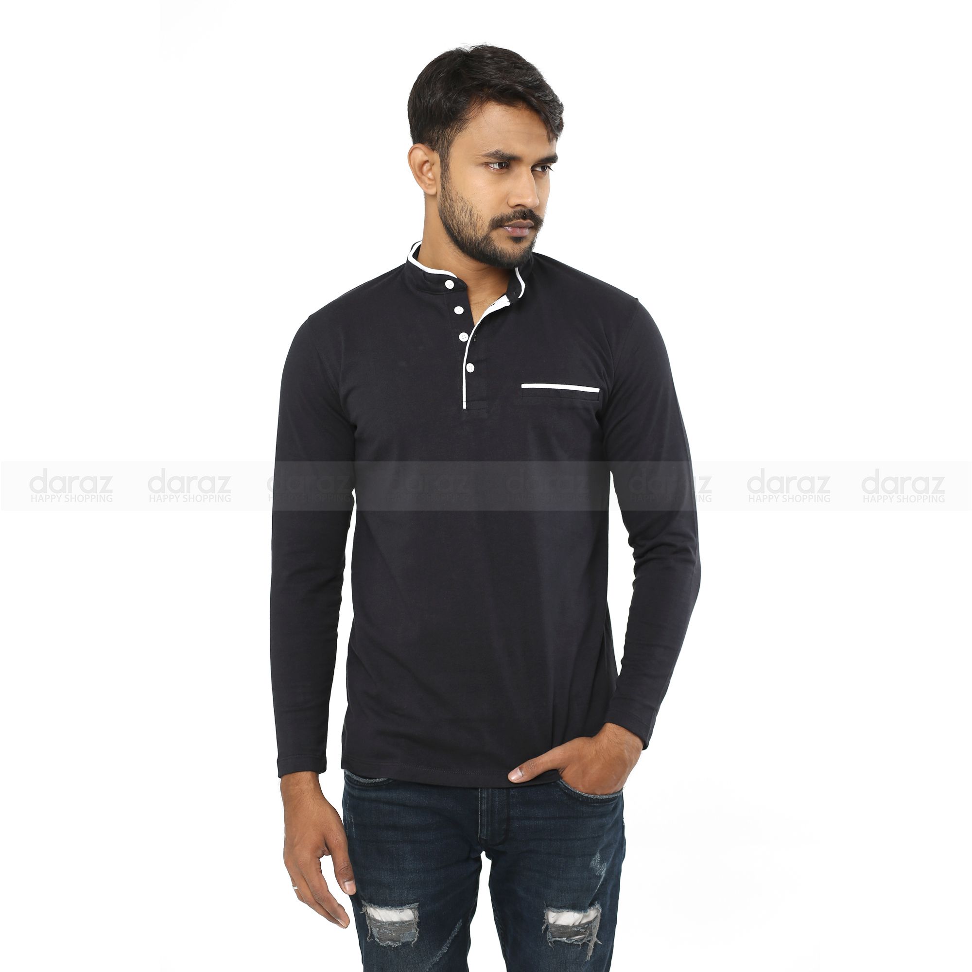 Long Sleeve Stylish Polo Shirt For Men Black Color