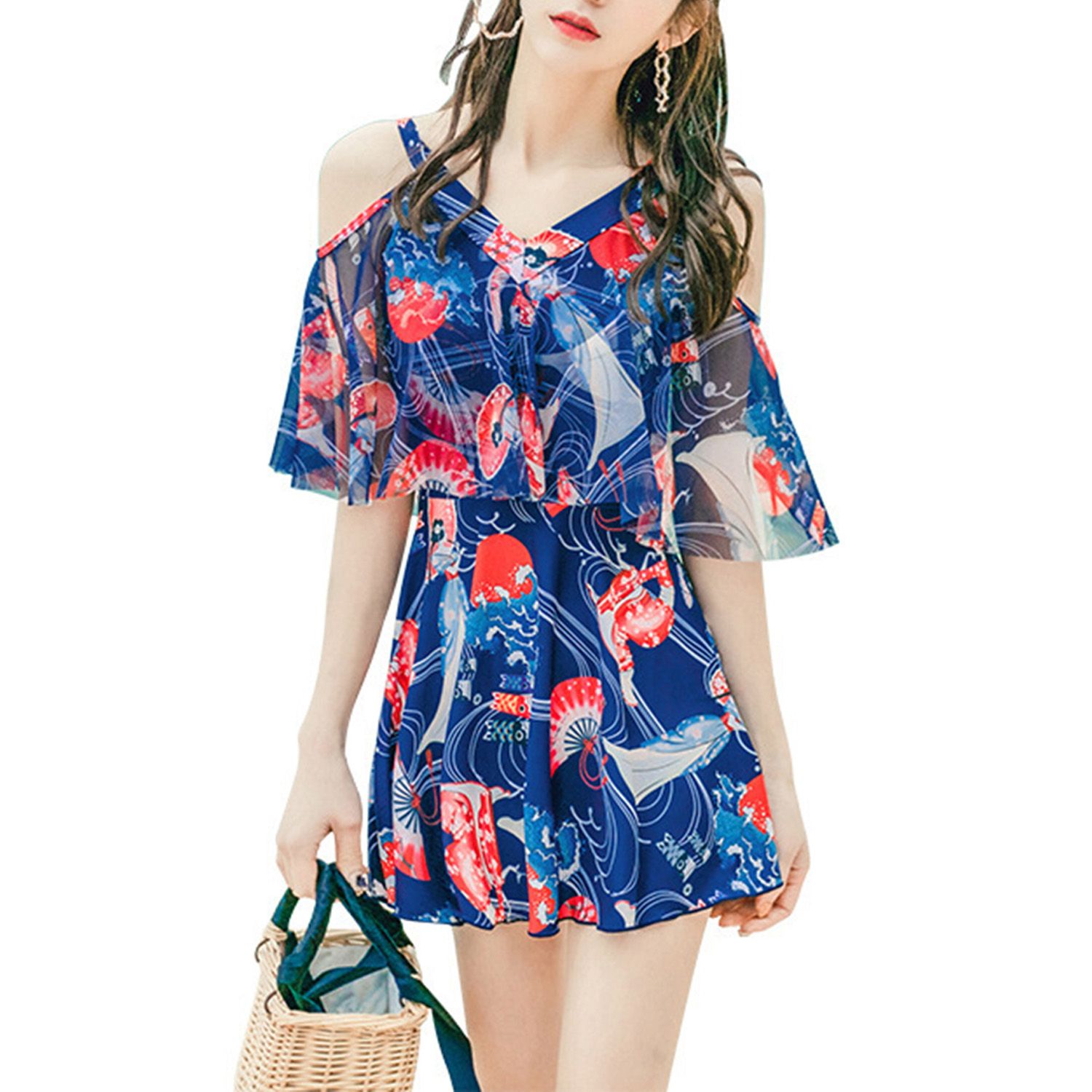 Swimsuit Conservative One Piece Floral Backless Bikini Skirt Swimsuit with Chest Pad for Swimming Pool