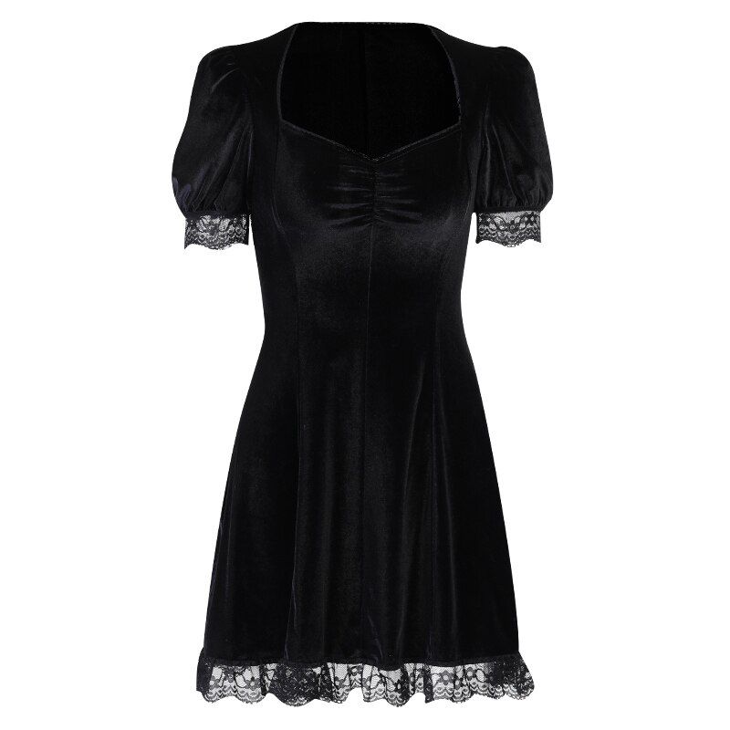 InsGoth Vintage Lace Black Dress Goth High Waist Mini Dress Aesthetic Elegant Short Sleeve A Line Dress Party Club Wear