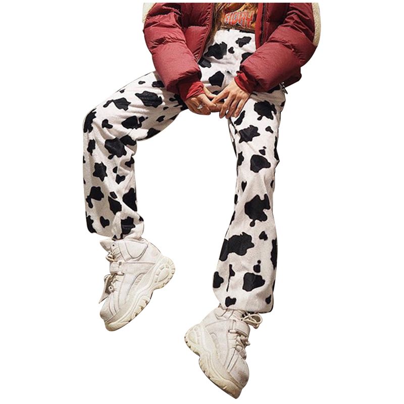 2021 Women Korean Loose Trousers Fashion Cow Pattern High Waist Casual Pants Girl Student Sports Pants