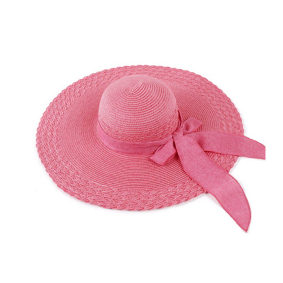 Women Summer Round Flat Top Straw Beach Hat Bowknot Design Beach Sun Hat Cap