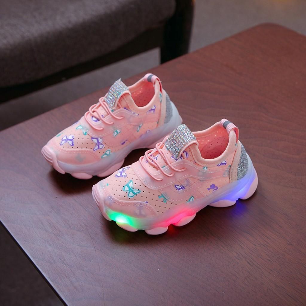 ChildrenKid Baby Girls Butterfly Crystal Led Luminous Sport Run Sneakers Shoes