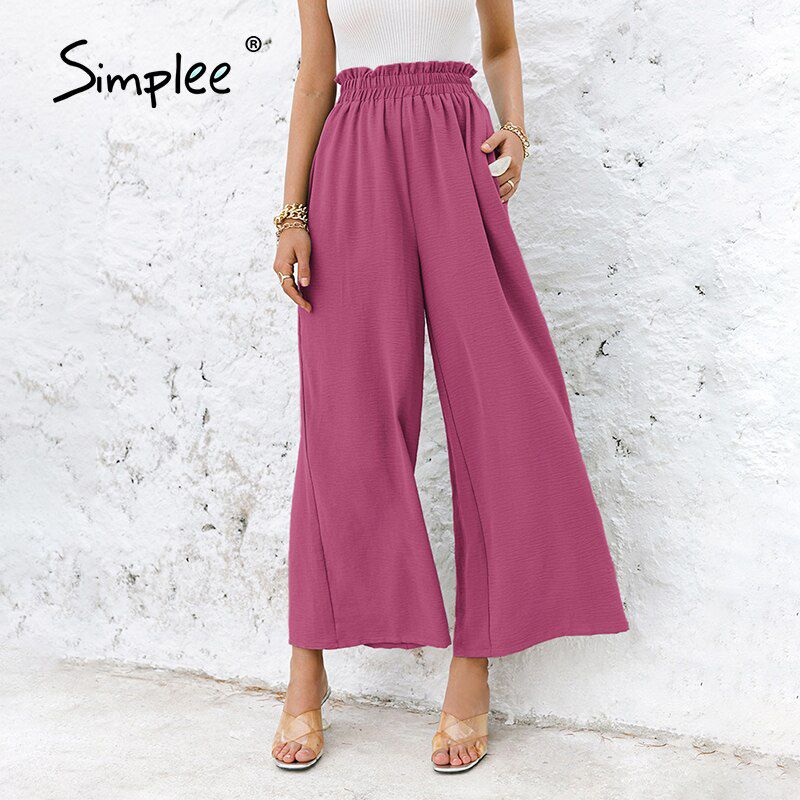 Simplee Solid color high waist wide leg pants women Loose casual summer pants trousers Classic ruffled soft long female bottoms