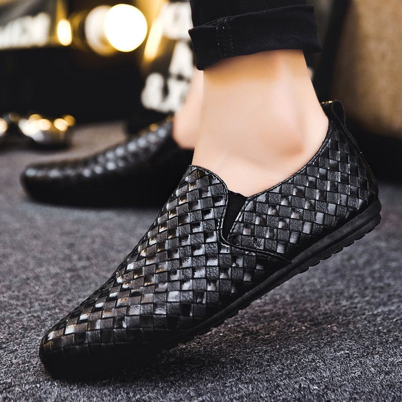 Leather Men Casual Shoes Summer Male Breathable Resistant Empty Soft Background Lattice Loafers Checkered
