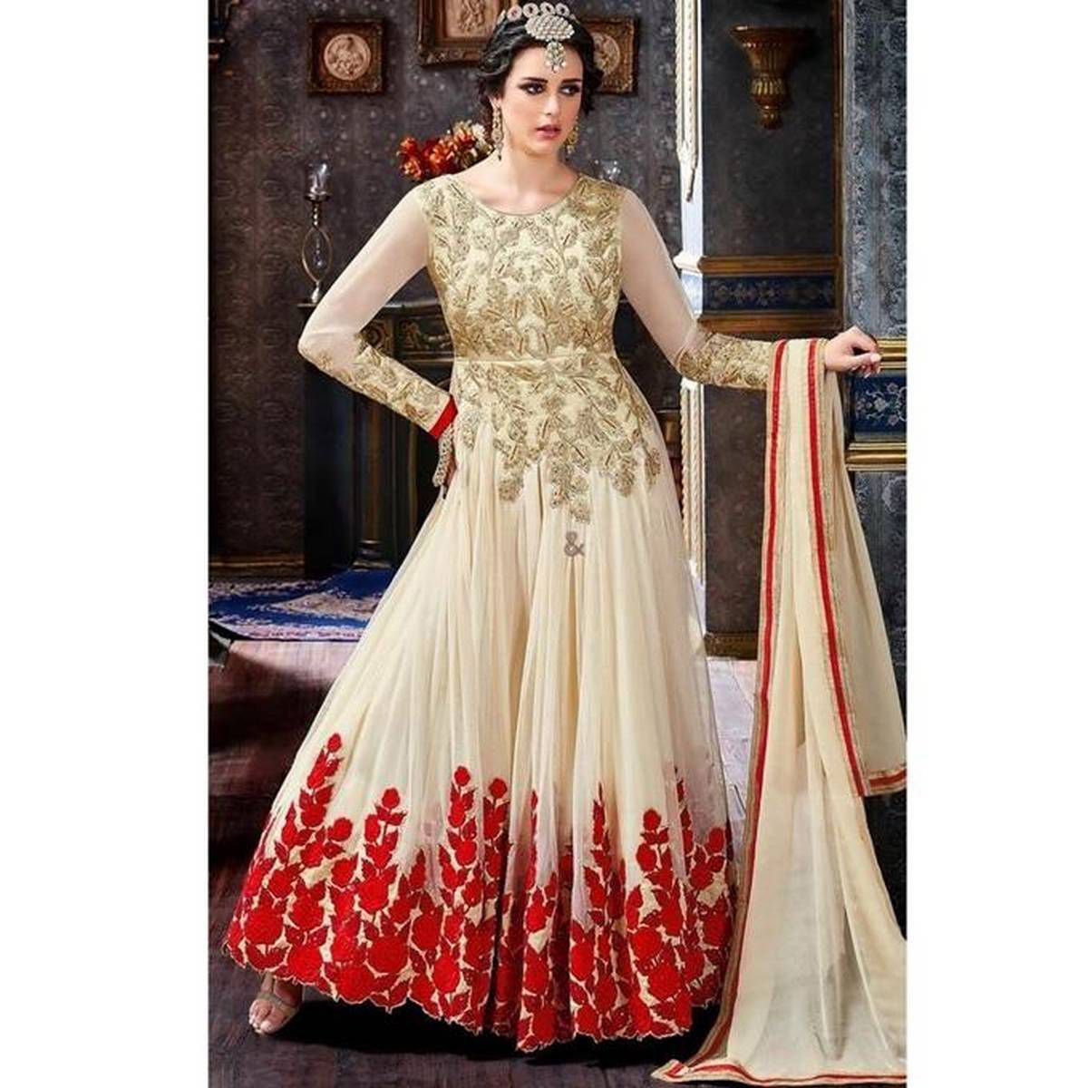 Off  White  and  Red  Georgette  Semi  Stitched  Gown  for  Women