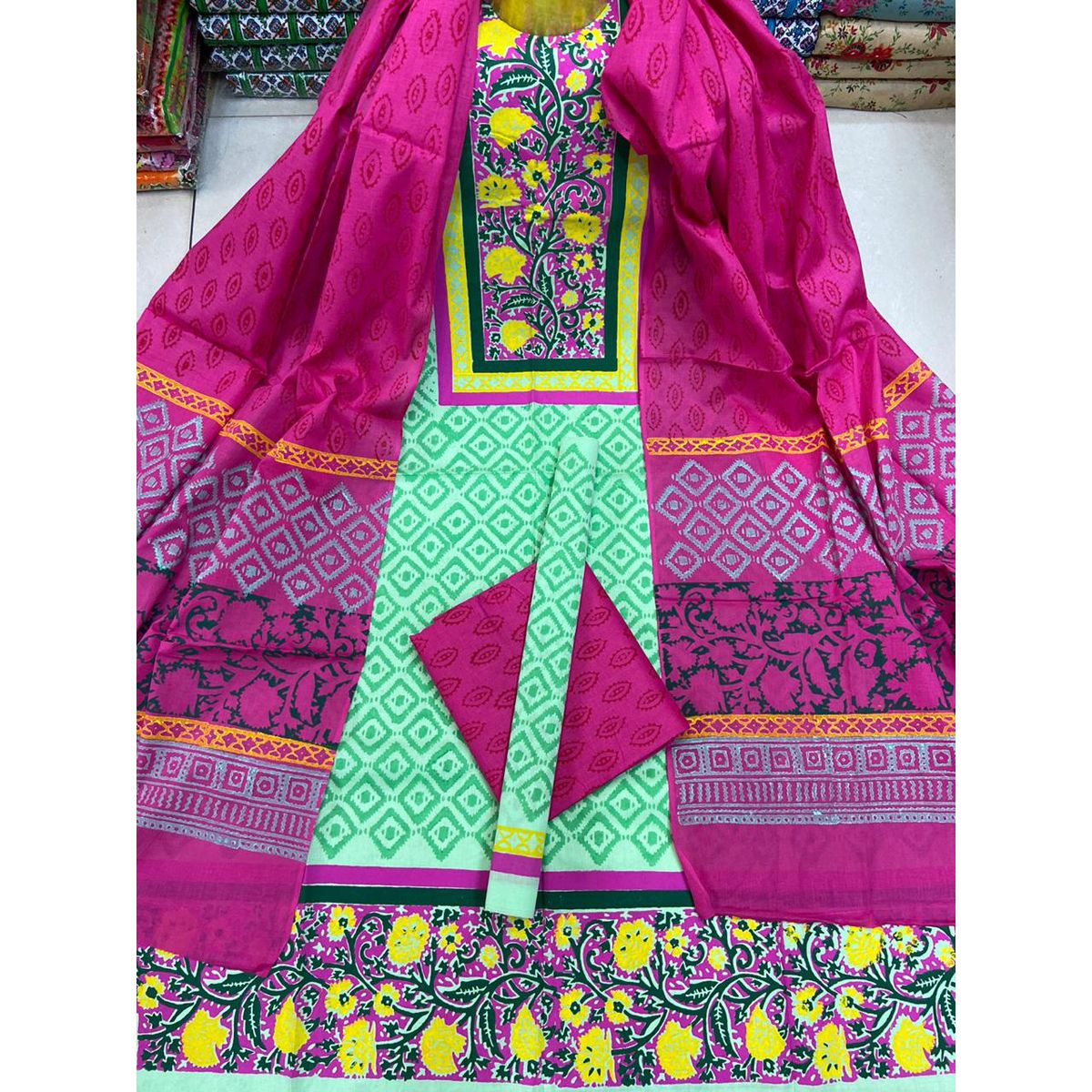 Taheba Skin With Block Print Unstitched Cotton Three Piece Dresses (3 Piece)