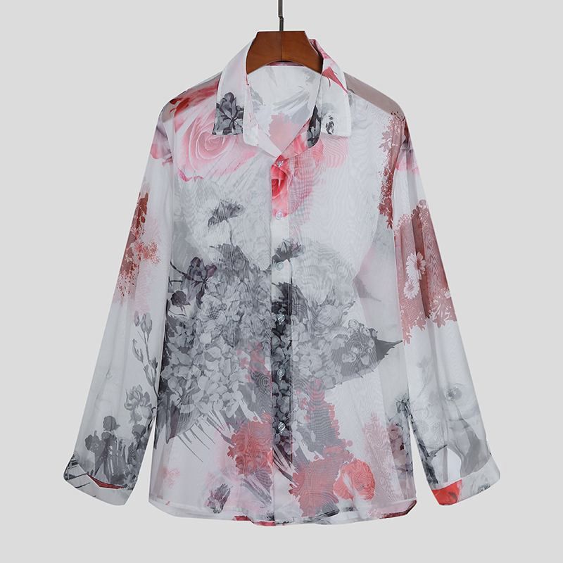 Men Mesh Shirt Printing Transparent Streetwear Lapel Long Sleeve Casual Men Clothing 2021  Party Nightclub Camisas INCERUN