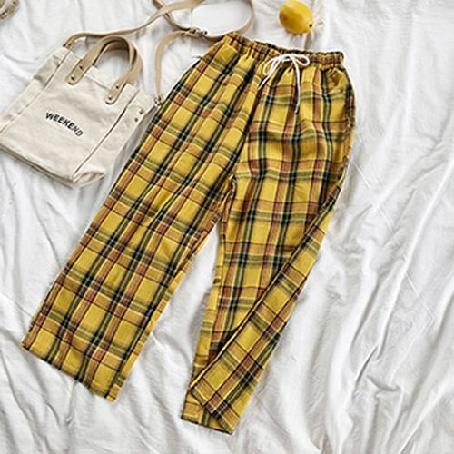Vintage Yellow Plaid Japanese Summer Pants Women Casual Drawstring Ankle Length Loose Wide Leg Pants