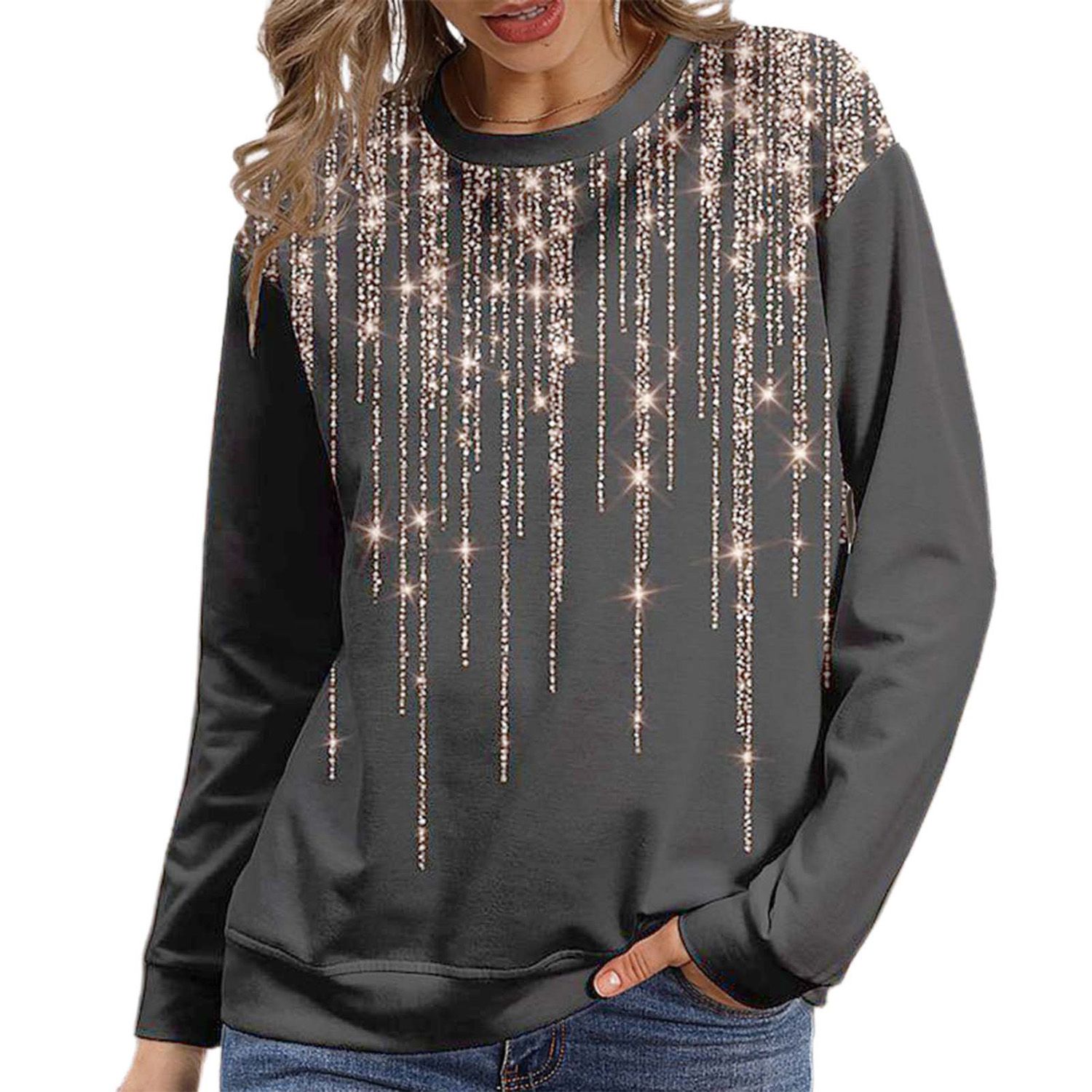 Autumn Blouse O-Neck Rhinestone Shiny Casual Pullover Top