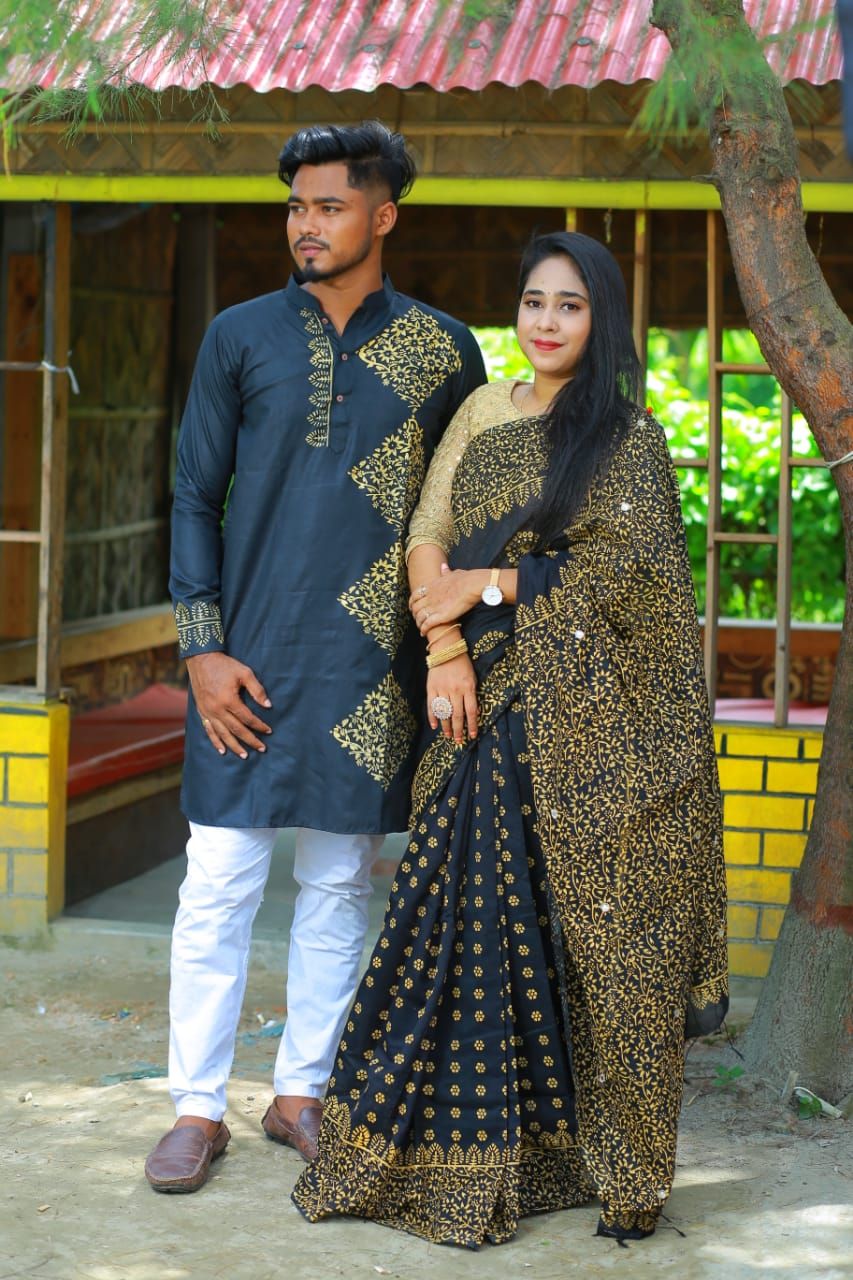 Exclusive Designer  Screen Print Half Silk Saree / Dhupian Silk Saree & Dhupian Silk Panjabi Combo For Couple .