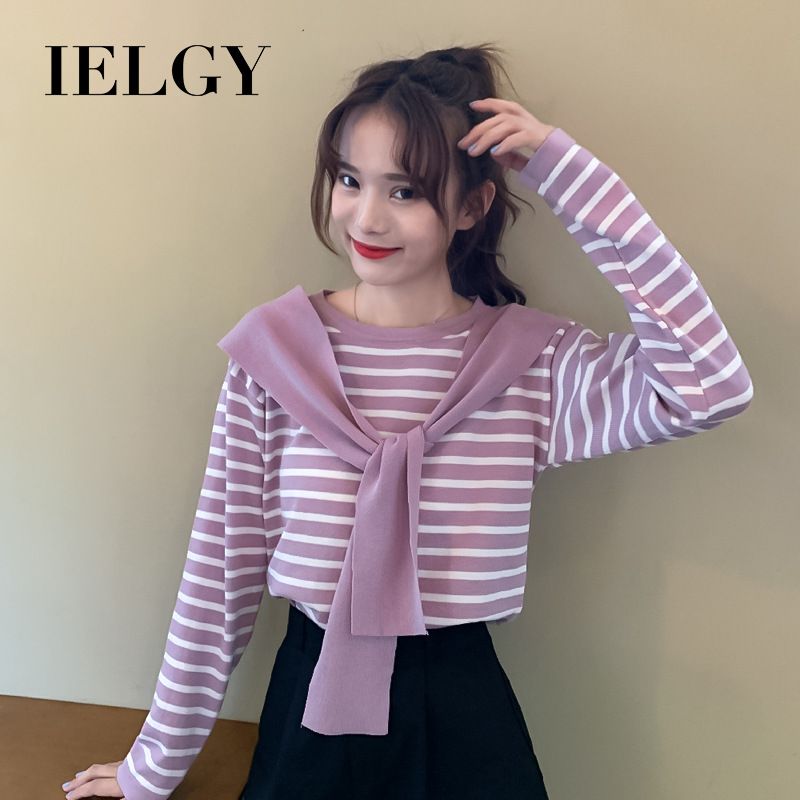 IELGY women's loose Korean striped long-sleeved shirts