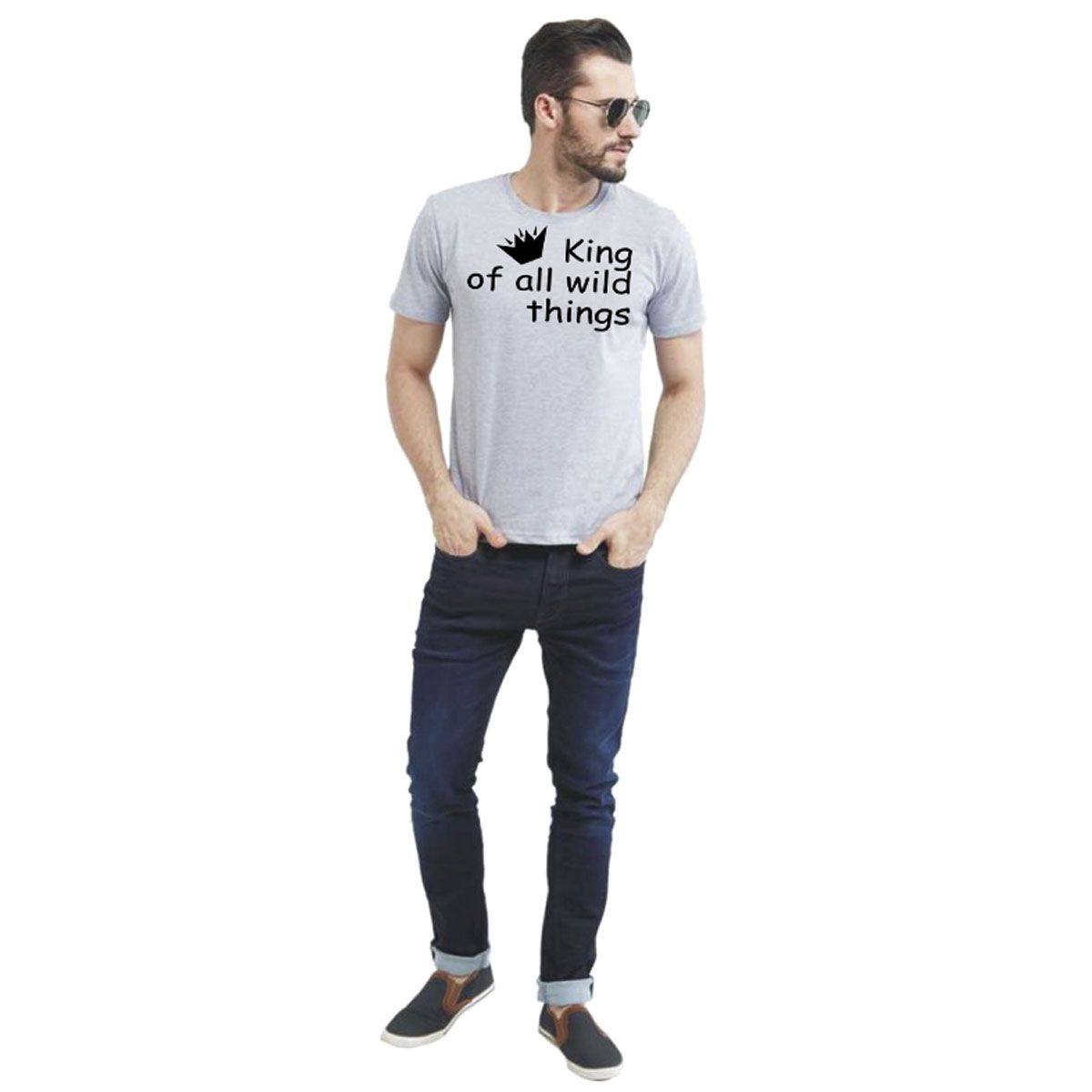 Grey King of Wild Slim fit Half sleeve T-shirt for Men