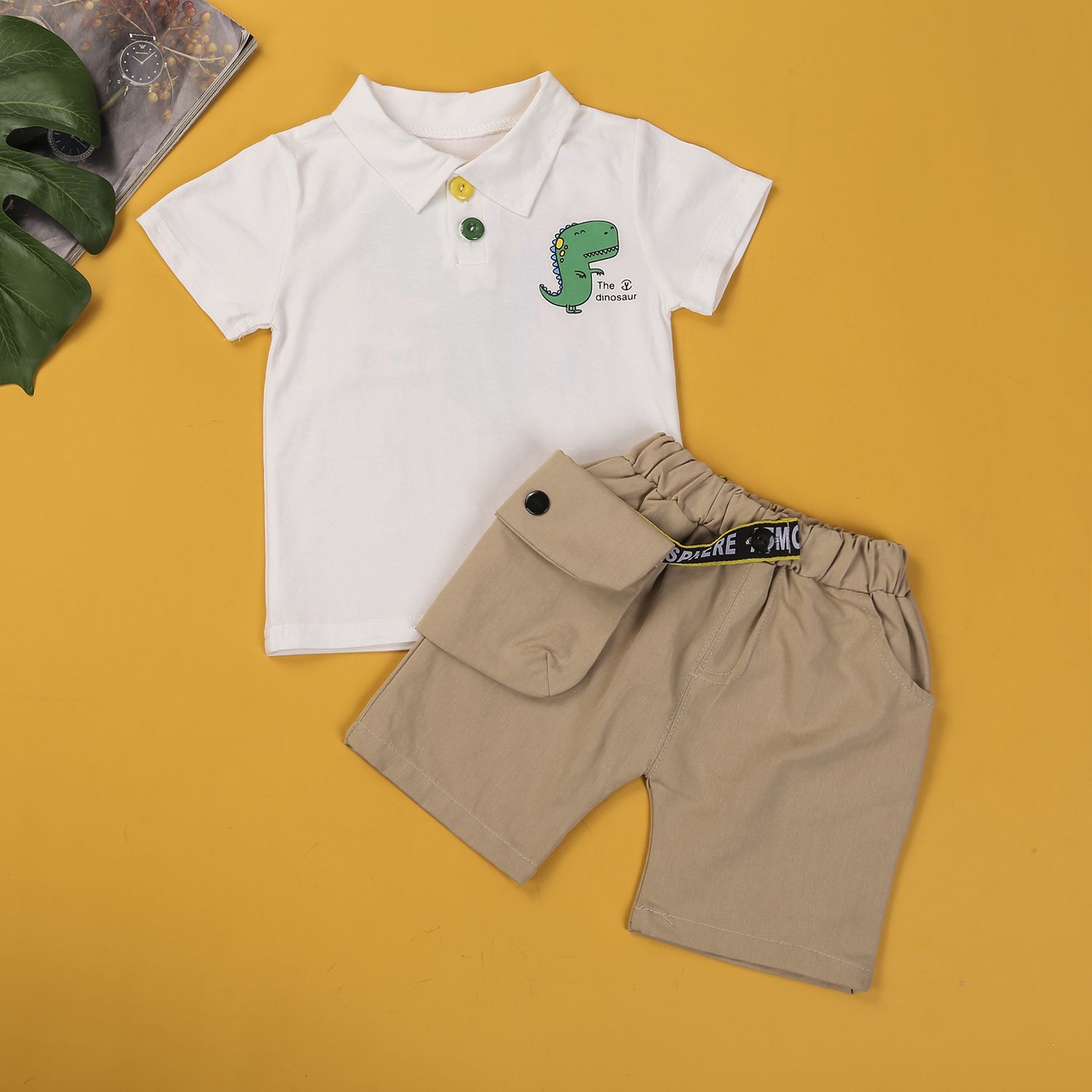 Boy's Clothing Set, Cute Cartoon Print Short Sleeve Polo Shirt and Shorts Two-piece Suit for Birthday Party Photography