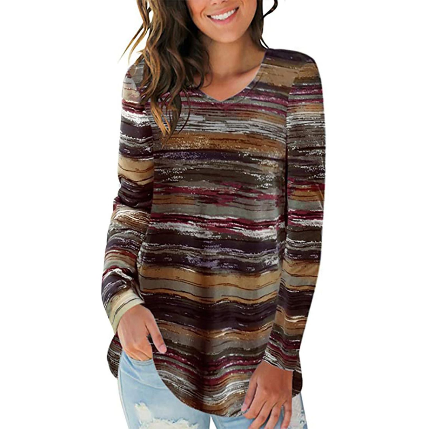 Tunic Blouse Charming Digital Striped Print V-neck T-shirt Top