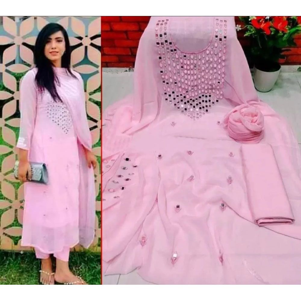 Three piece unstiched indian weightless Georgette,suitable, stylish and comfortable jorjet kamiz for women