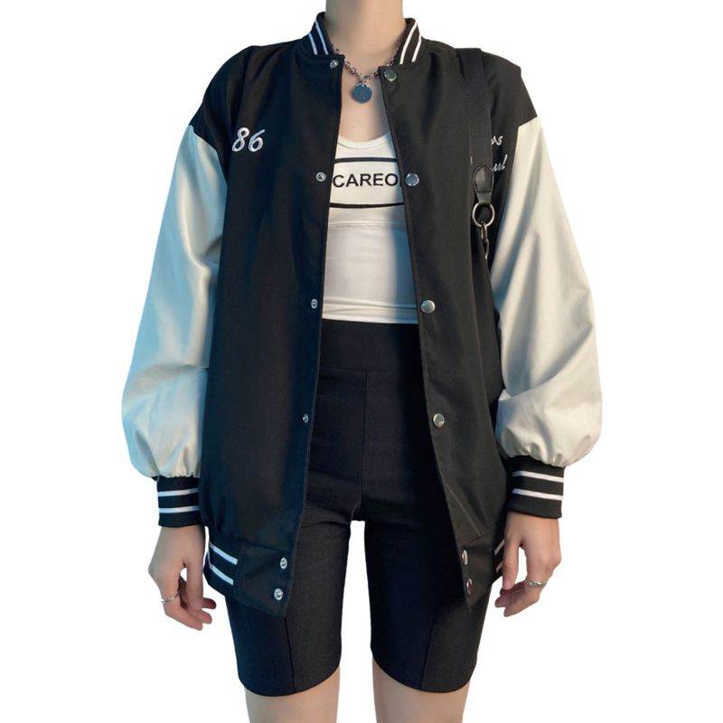 Women’s Casual Long Sleeve Jacket Fashion Number Letter Embroidery Snap Baseball Shirt with Pocket
