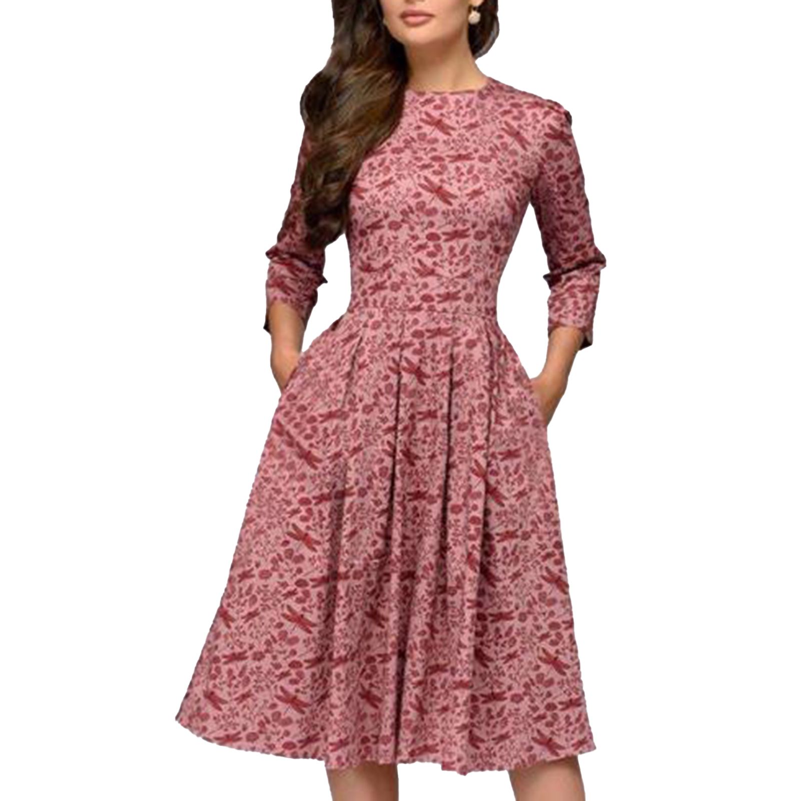 Party Dress Round Neck Floral Print Pleated Large Hem Midi Dress