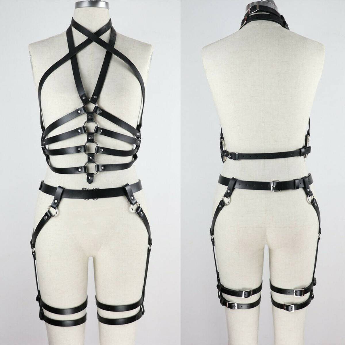 Gothic Women Body Harness Lingerie Leather Waist Belt Garter Leg Strap Loop Corset Bustier Party Set