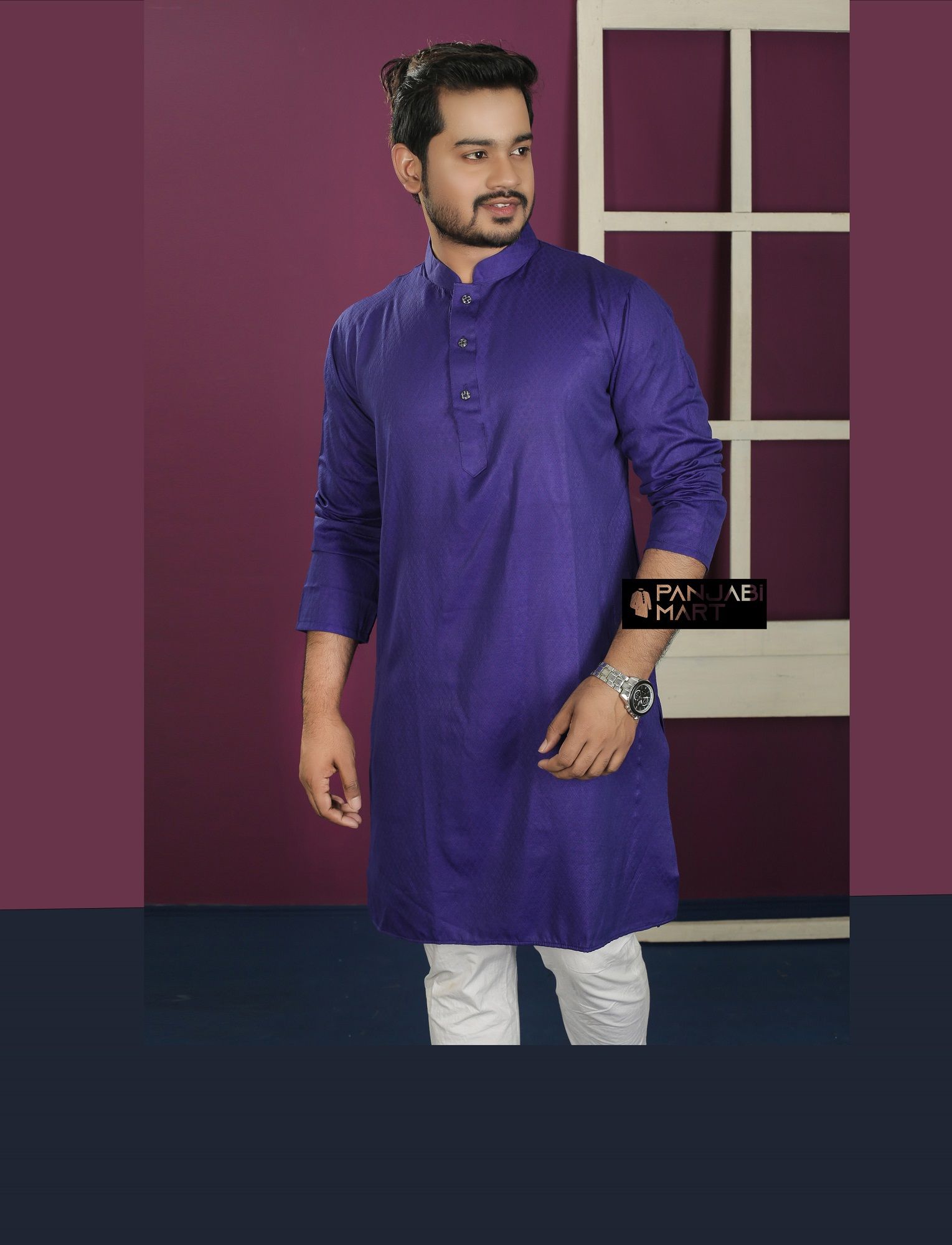 Navy Blue Color Silk Semi Long Panjabi