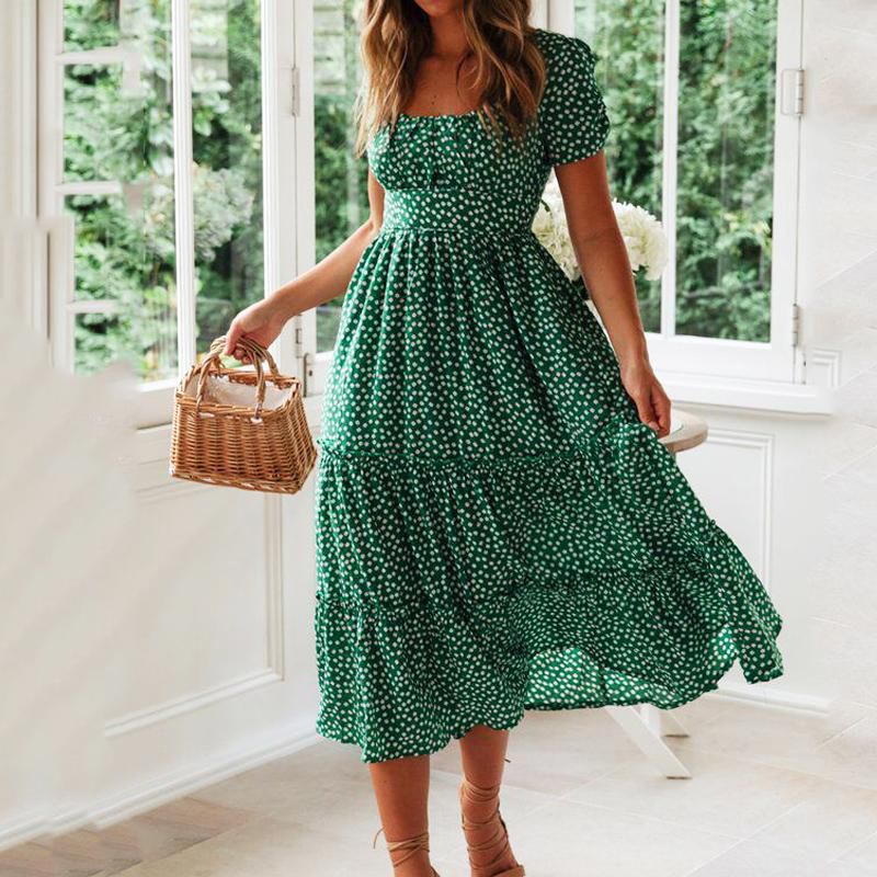 Vestidos Vintage Vintage Print Puff Sleeve Summer Beach Sweet Dresses Casual Square Collar Floral Maxi Long Dress 2021 Festa