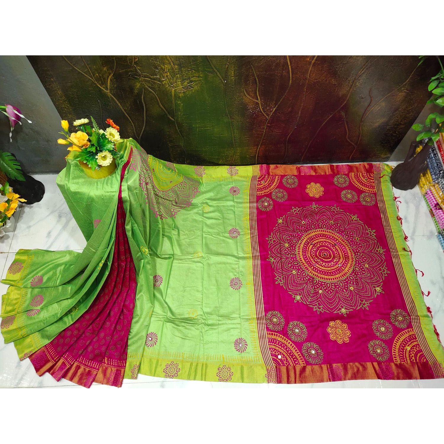 Half Silk Block Print with Dollar work Sharee Half Silk Block Print with Dollar work Sharees