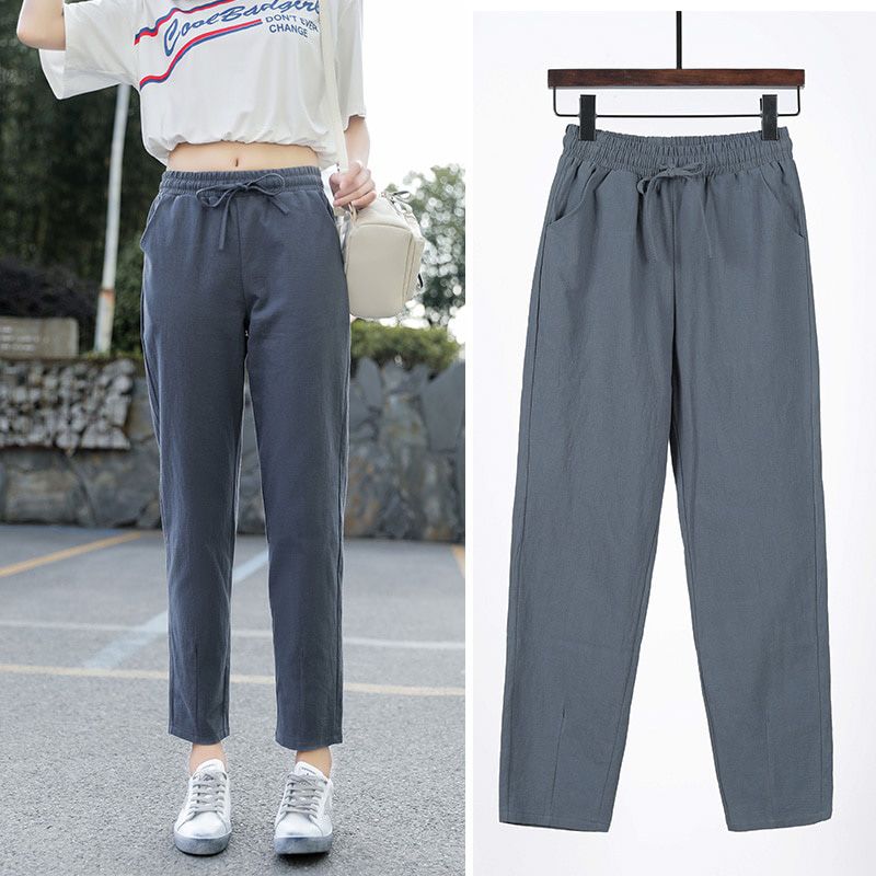 Womens Spring Summer Pants Cotton Linen Solid Elastic waist Candy Colors Harem Trousers Soft for Female ladys S-XXL