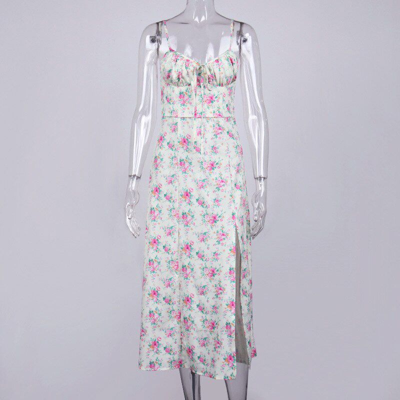 Autumn Sleeveless Vintage Floral Dress Women Casual Lace Up Front Print Dress Female Elegant Long Midi Party Vestidos Side Slit