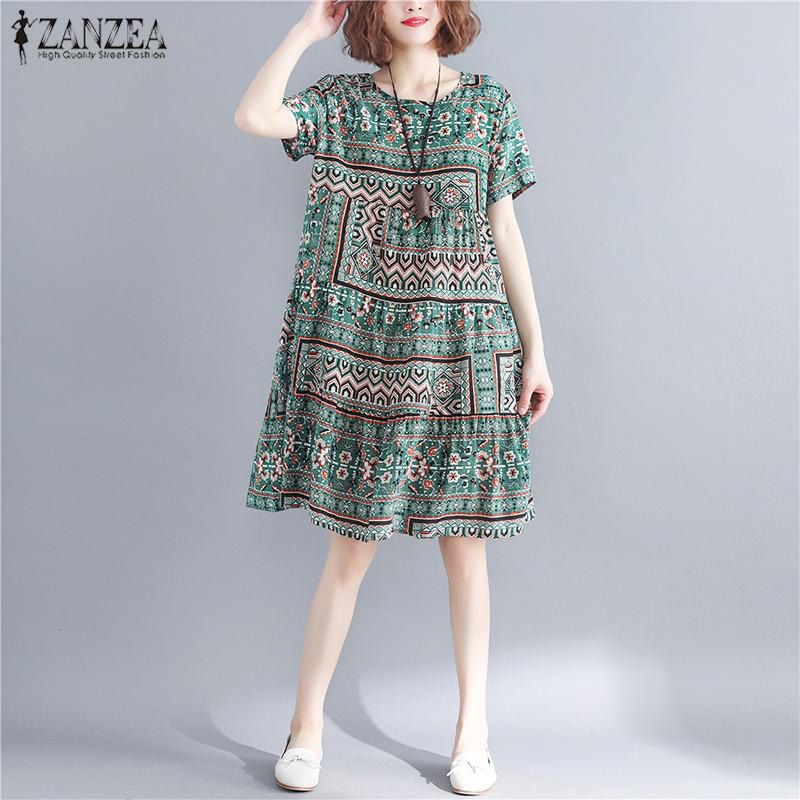 Womens Summer Floral Short Sleeve Casual Loose Tunic Tops Shirt Dress