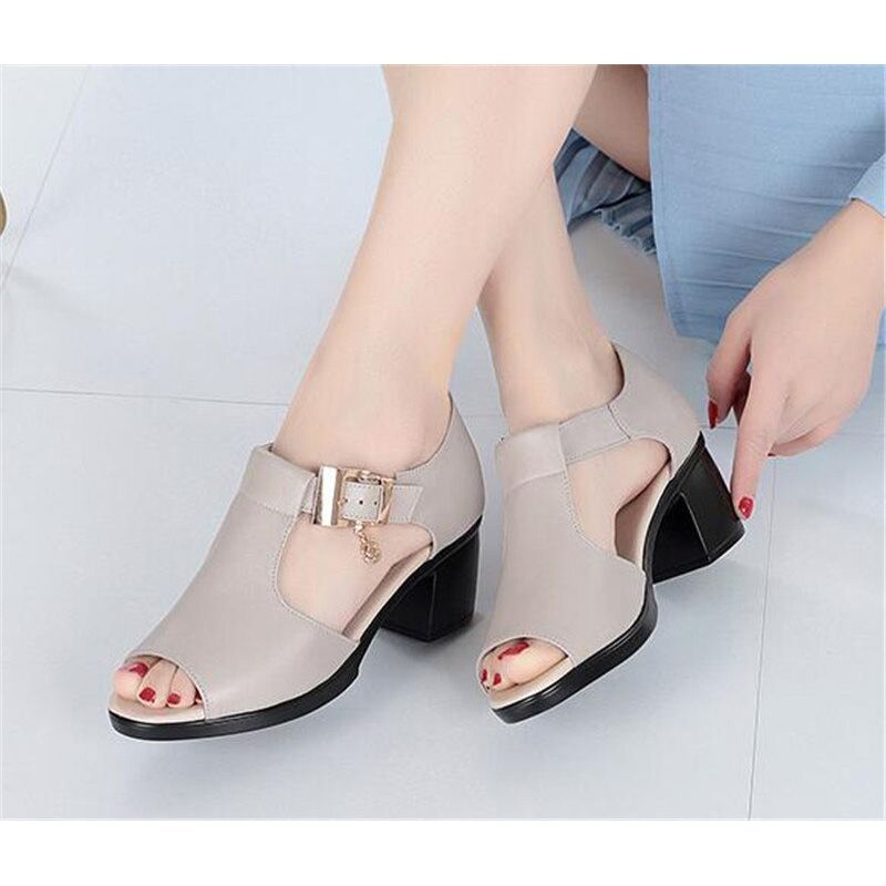 Gray Black Sandals Women Big Size Kitten Heels Woman Summer Vintage Sandals Buckle Casual Peeptoe Sandel Femme