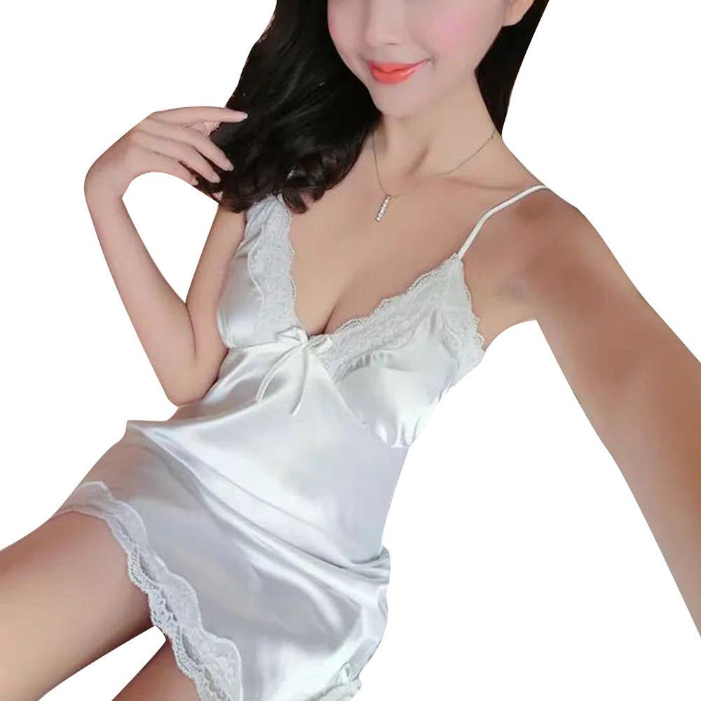 Women Deep V Lace Trim Silk Robe Dress Mini Nightdress