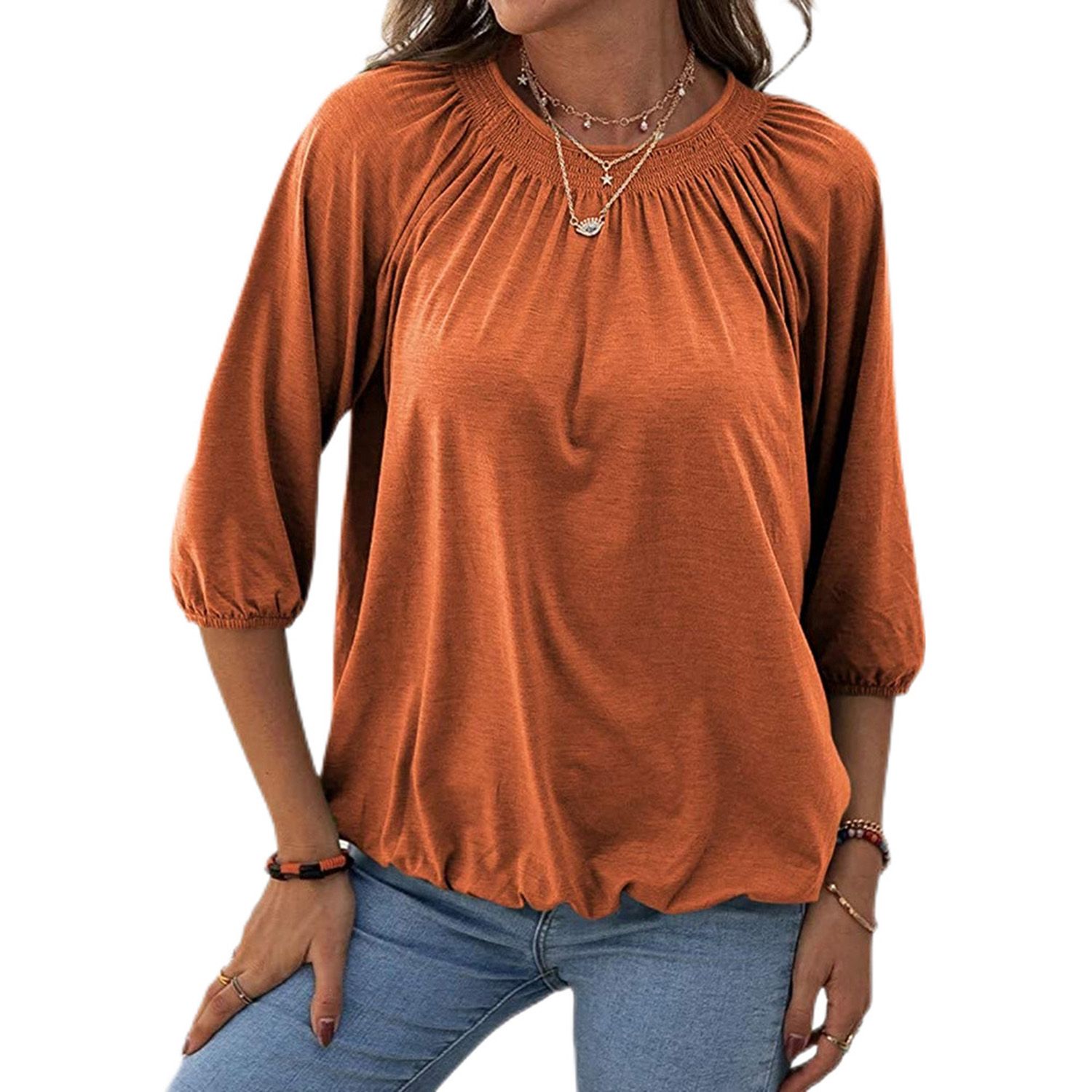 Women Loose Style Pullover, Solid Color Round Collar Three-quarter Sleeves Tops in 7 Colors