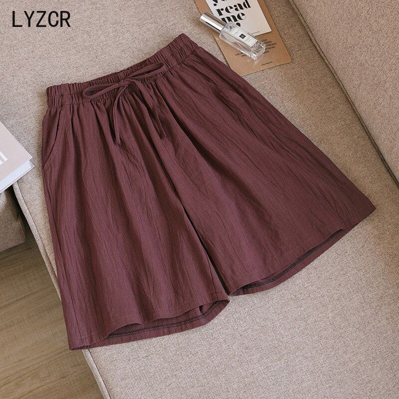 Summer Cotton Line Shorts With High Waist Loose Wide Leg Shorts For Women Knee Length Straight Cotton Short Female