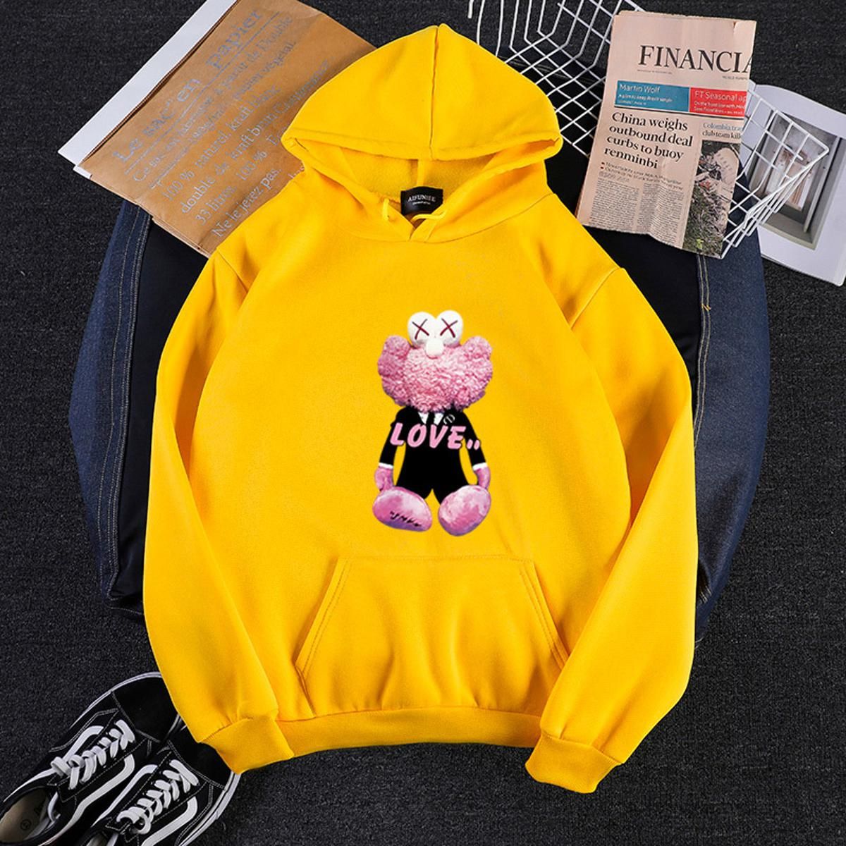 Cartoon Bear Printed Sweater BF Style Pullover Sweatshirt Hooded Oversized Couple-wear Unisex Round Neck Sweatshirts