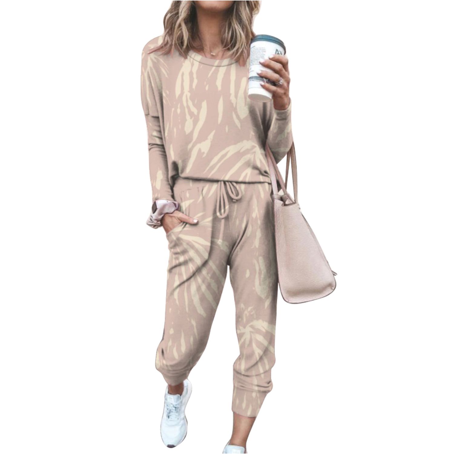 2021 Women's Casual 2 Piece Outfits, Fashion Print Long Sleeve Crewneck Pullover + Drawstring Pants Set T