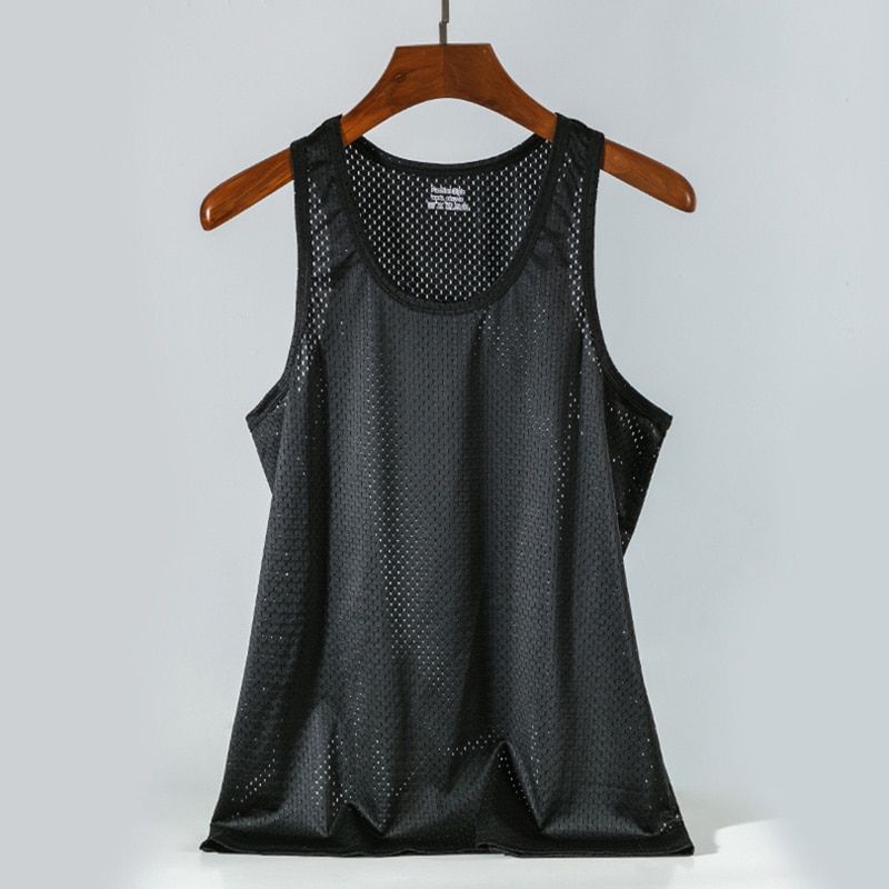 Mens Mesh Vest Ice Silk Quick-drying Bodybuilding Fitness Muscle  Sleeveless Narrow Shoulder Vest Fitness Casual Srt