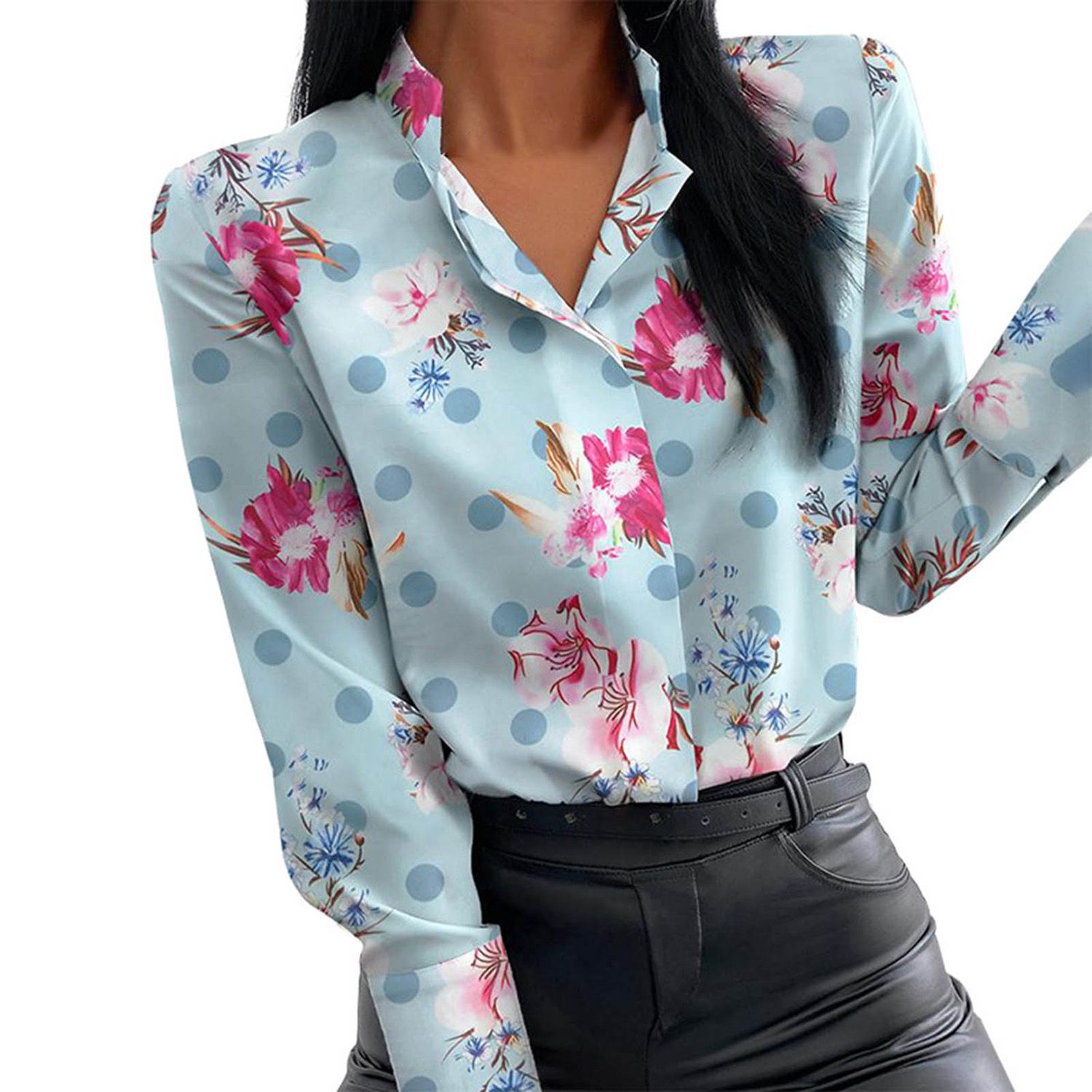 Slim Blouse Stand Collar Floral Print Single Breasted Shirt