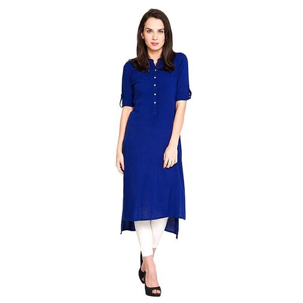 Blue Linen Long Sleeve Casual Stylish Fashionable Single Top Kurti Bend The Trend (Tailor Made)