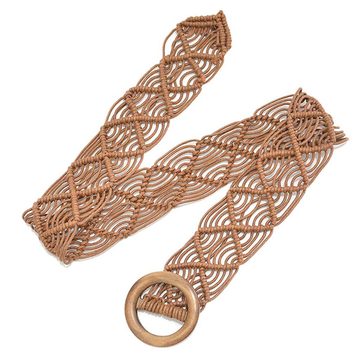 Retro Round Wooden Buckle Handmade Braided Women Waistband Waist Strap Belt