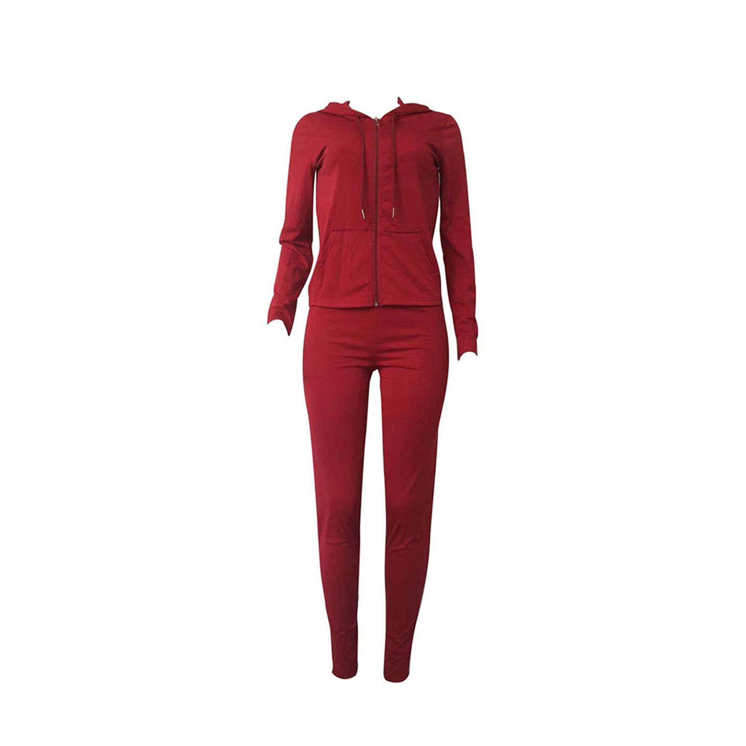 Women Sports Two-piece Clothes Outfit, Solid Color Zipper Hooded Top + Long Pants, Orange/ Black/ Blue/ Red/ Yellow/ Burgundy/ Rosy